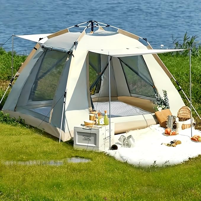 3-4 Person Family Camping Tent with Canopy, Quick Setup Windproof All-Season Tent, UV Protection & Mosquito Net, Portable Outdoor Tent for Beach, Mountains, Picnics - Beige