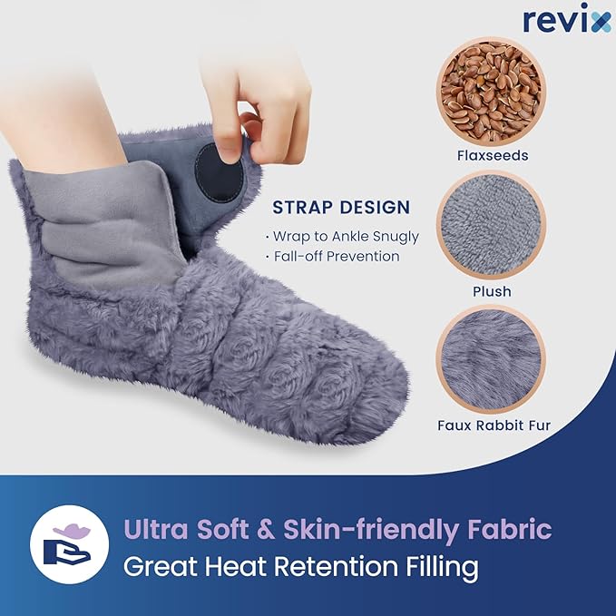 REVIX Microwavable Booties and Feet Warmers for Women & Men, Microwave Heated Foot Warmer with Flaxseed Moist Heat for Cold Feet, Gray, L
