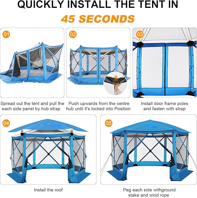 COBlZl Pop Up Gazebo 12x12 Screen House Tent for Camping, Outdoor Instant Stargazing Gazebo Canopy with Awning 2.0, Portable Hub Tent with Mosquito Netting, Pavilion for Backyard,Blue
