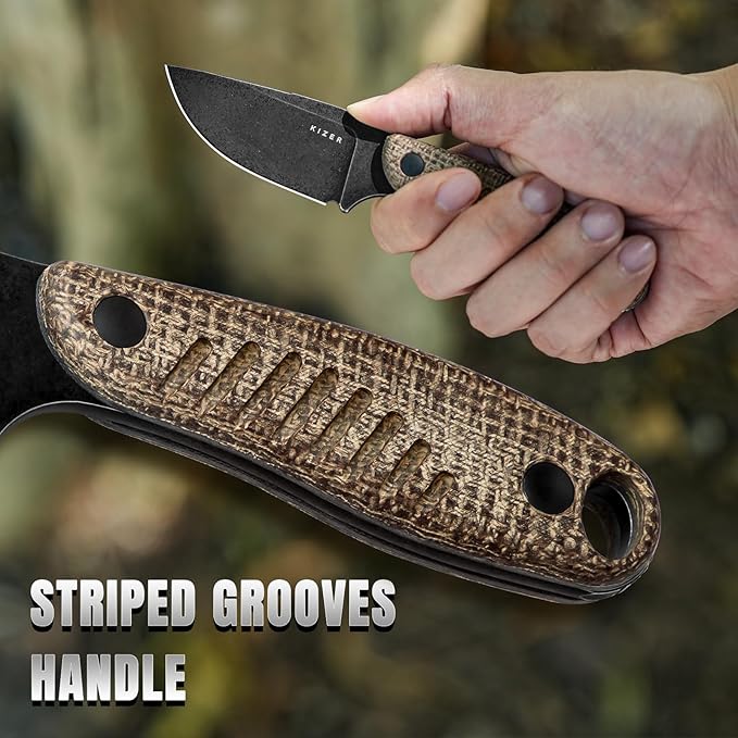 Kizer Hare Fixed Blade Knife with Sheath, 3.14" D2 Steel Blade EDC Hunting Knife with Burlap Micarta and Black G10 Handle, Small Survival Knives, Outdoor Camping Knives for Men Women 1077M3