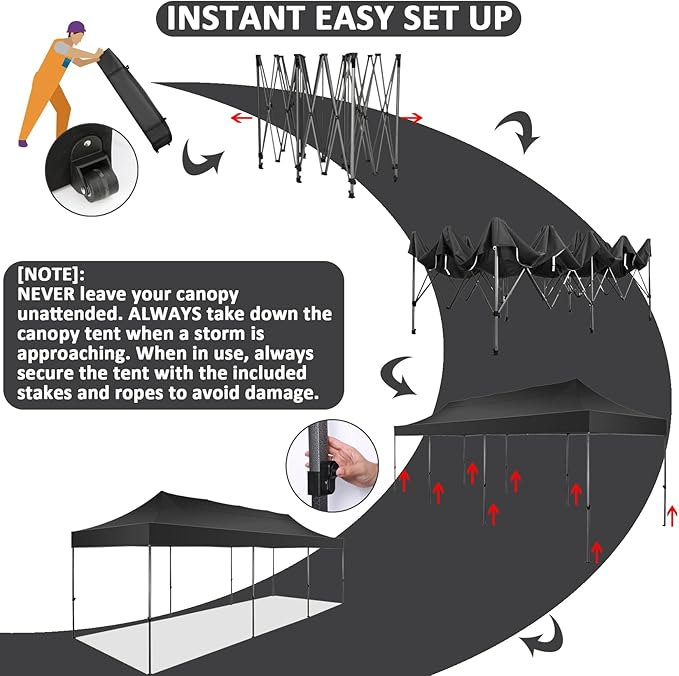 COBIZI 10x30 Pop Up Canopy Without Sidewall,Heavy Duty Canopy UPF 50+ All Season Wind Waterproof Commercial Outdoor Wedding Party Tents for Parties Gazebo with Roller Bag(10 x 30 ft Black)