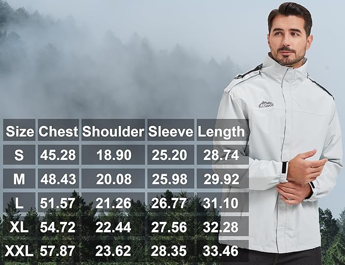 ELLSWOS Men's Waterproof Raincoat Lightweight Rain Jacket with Detachable Hood Softshell Windbreakerl for Hiking Travel