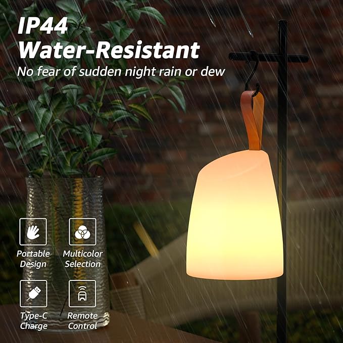 uuffoo Portable Outdoor Table Lamp with Remote - Dimmable Rechargeable LED Lantern, IP44 Water-Resistant, 7 Color RGB + Warm White, Memory Function, 7H Timer Auto-Off for Patio Garden Camping.