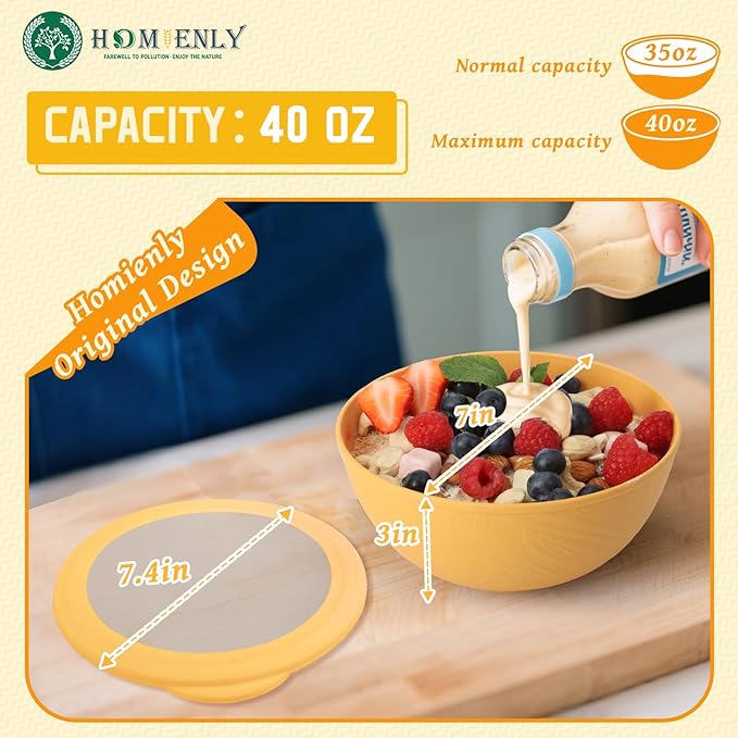 Homienly Wheat Straw Bowls with Lids, 40 OZ Cereal Bowls with Lids, 4 Sets, Alternatives to Plastic Bowl, Salad Container for Lunch, Microwave and Dishwasher Safe Bowl for Kitchen, RV, Camping, Multi