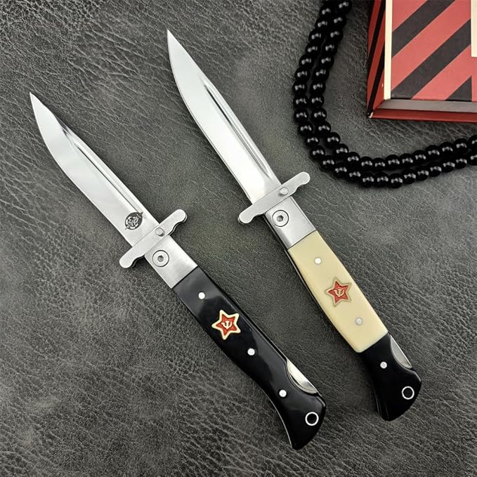 Finka-NKVD KGB Folding Pocket Knife,3.66" Mirror Polished 440C Blade and ABS Handle,Nylon Sheath,Assisted Opening Flipper Knife with Lockback, EDC for Camping Hunting Survival (Ivory white)