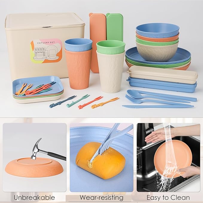 49 Pcs Dinnerware Sets for 4 People, Unbreakable Plates and Bowls Sets with Storage Box, Reusable Dinnerware Sets, Camping School Home Party Cutlery Set, Dishwasher Microwave Safe