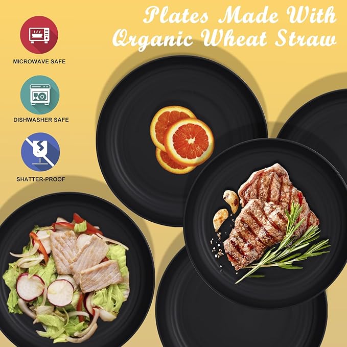 Wheat Straw Plates - 10 Inch Unbreakable Dinner Plates Set of 8 - Dishwasher & Microwave Safe Plastic Plates Reusable - Lightweight Plate for kitchen,camping (Pure Black)
