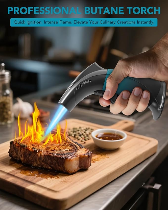 Cooking Torch Lighter - Refillable Butane Torch with Flame Lock, Adjustable Flame Mini Blow Torch Set for Cooking, Baking, Creme Brulee, Soldering (Gas Not Included)
