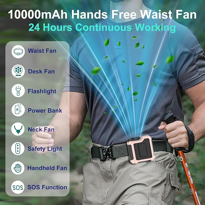 7-in-1 Multi-Use Portable Fan Hands Free Flashlight Etc,Christmas Gifts for Men Women,Turbo Powerful Cooling Personal Fan,10000mAh,24H Lasting,LED Display,Outdoor Travel Camping Fitness Gift (Pink)