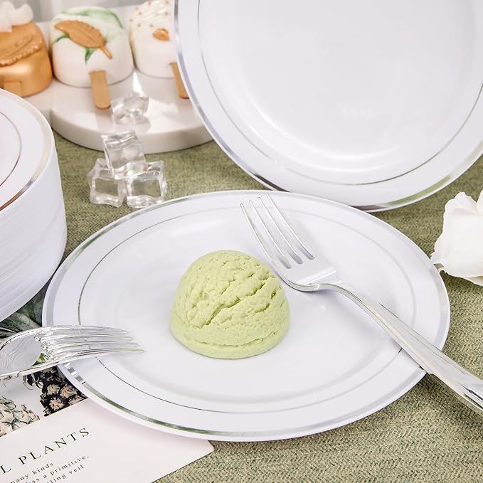 Nervure 204PCS Silver Plastic Plastes - 102PCS Disposable Silver Dessert Plates with 102PCS Plastic Forks Perfect for Salads, Desserts, Catering, Wedding & Parties