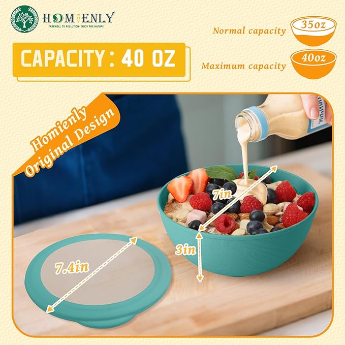 Homienly Bowls with Lids, Wheat Straw Bowl Set of 4-40 OZ Cereal Bowls and Silicone Edge Lids,Unbreakable Food Containers for Meal Prep, Salad, Lunch, Kitchen, Camping, Picnic, RV (4 Sets,Green)