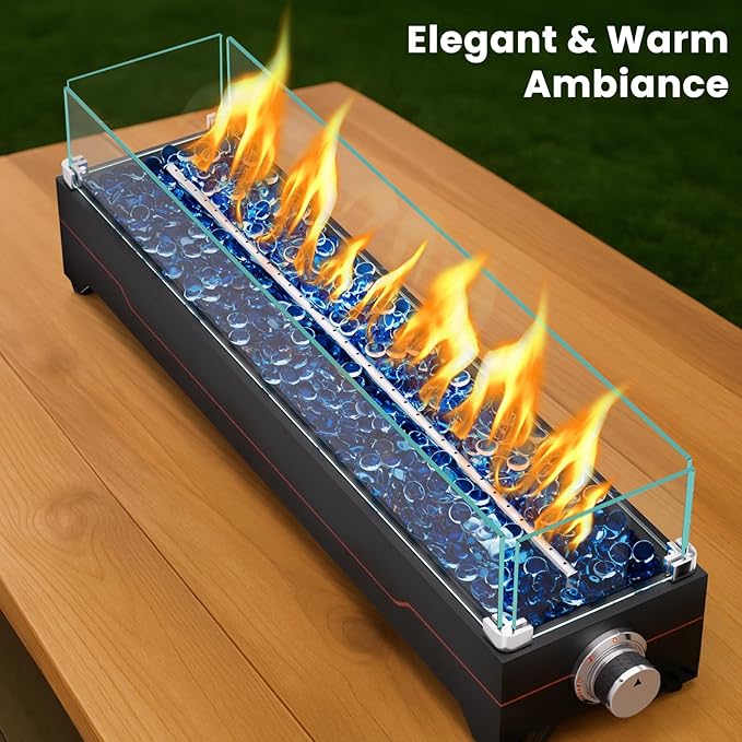 GRISUN Tabletop Fire Pit,28 Inch Propane Fire Pit Table,45000 BTU Table Top Firepit with Glass Wind Guard,Stainless Steel Burner,Fire Glass,Portable Propane fire Pit for Patio, Camping, Backyard & RV