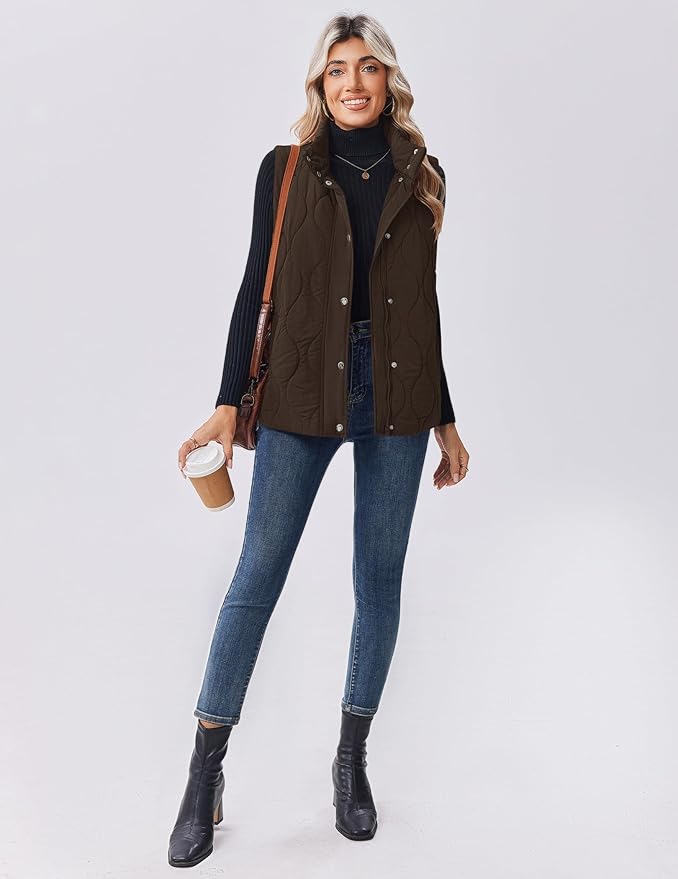 Zeagoo Puffer Vest Women Sleeveless Quilted Jacket Lightweight Snap Zip Up Stand-up Collar Down with Pockets Outerwear