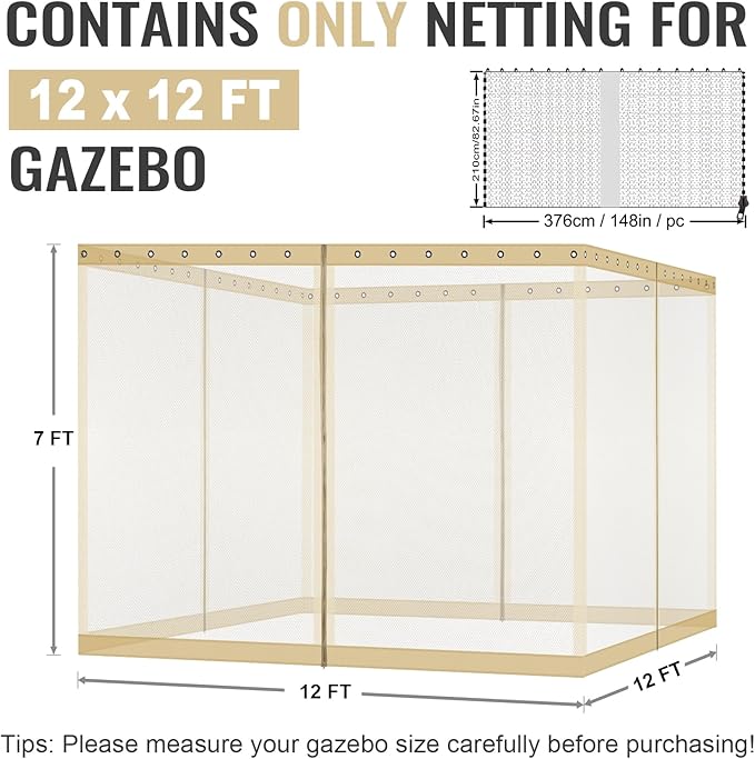 COWVIE Gazebo Replacement Netting Screen, 12' x 12' Universal Gazebo 4-Panel Mosquito Sidewalls with Double Zippers for Outdoor Patio (Only Netting)