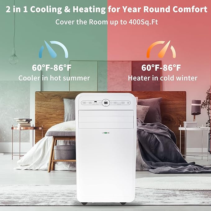 Uhome 12000 BTU Portable Air Conditioner with Heater up to 400 Sq. Ft, Ac Heater Combo Window Unit, Portable AC Unit with Dehumidifier & Fan, Cools & Heats,Remote Control and Window Kit Included,White