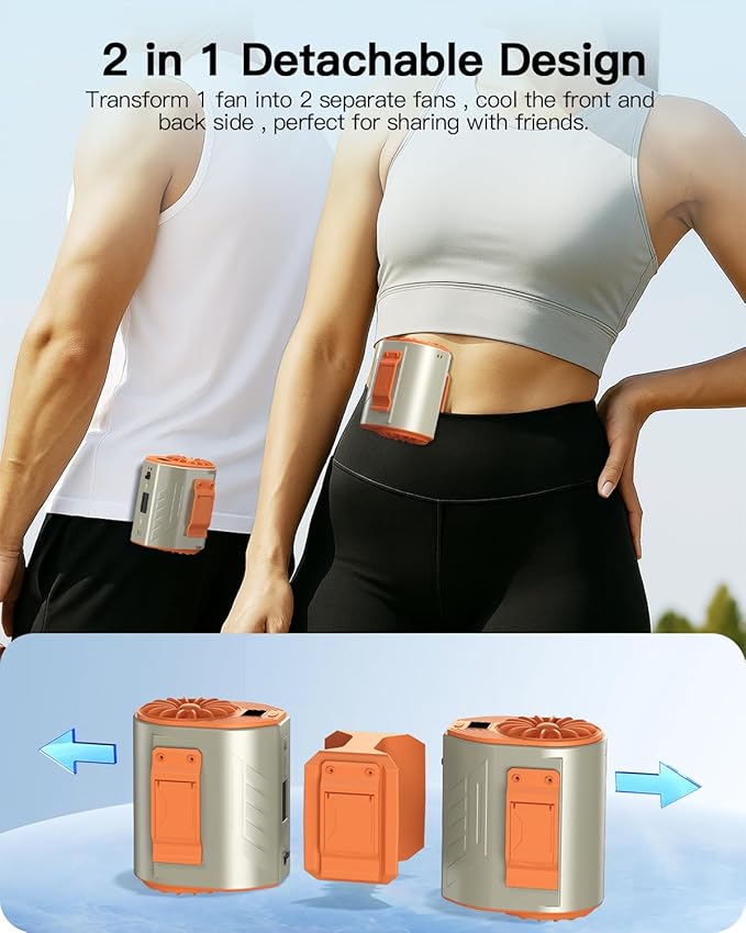 Andwing Portable Waist Fan Rechargeable, Detachable Dual Motors Personal Fans 5 Speeds 20000RPM Strong Airflow, 10000mAh 24H Runtime, Portable Neck Fan, Waist Belt Clip Fan (Grey&Orange)