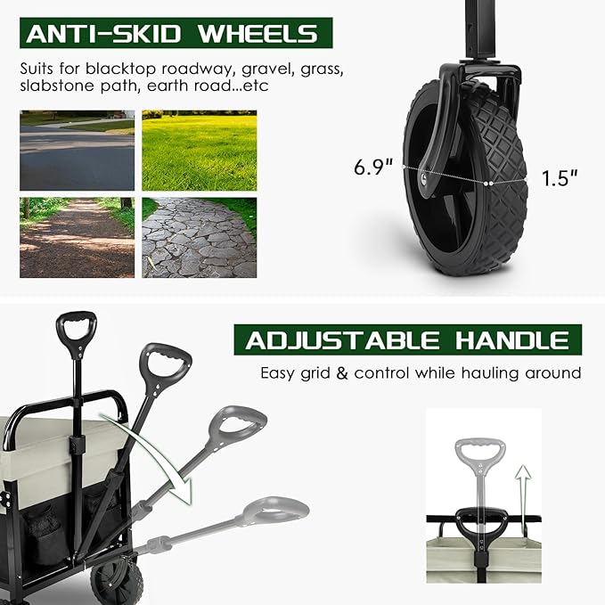 Large Collapsible Wagon Foldable for Grocery, Beach, Park, Yard, 34 x 18 Inch Inner Storage. Folding Utility Shopping Cart on Wheels. Heavy Duty, Durable w/Cupholders (Black-Gray)
