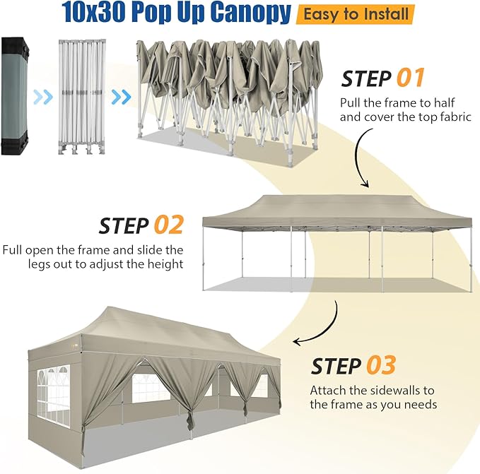 HOTEEL 10x30 Pop up Canopy Tent for Parties, Heavy Duty Easy Setup Tent with 8 Sidewalls, Outdoor Commercial Instant Gazebo for Wedding Event, with Portable Bag & Sand Bags, Khaki(Hexagonal Frame)