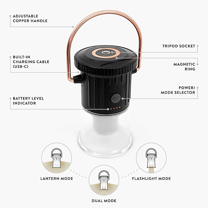 Barebones Hoodoo Light – Black, Rechargeable 3-in-1 Camping Lantern & Flashlight – 600 Lumens LED Light with Magnetic Base, Tripod Mount, USB-C Charging & Dimmable Brightness for Outdoor Use