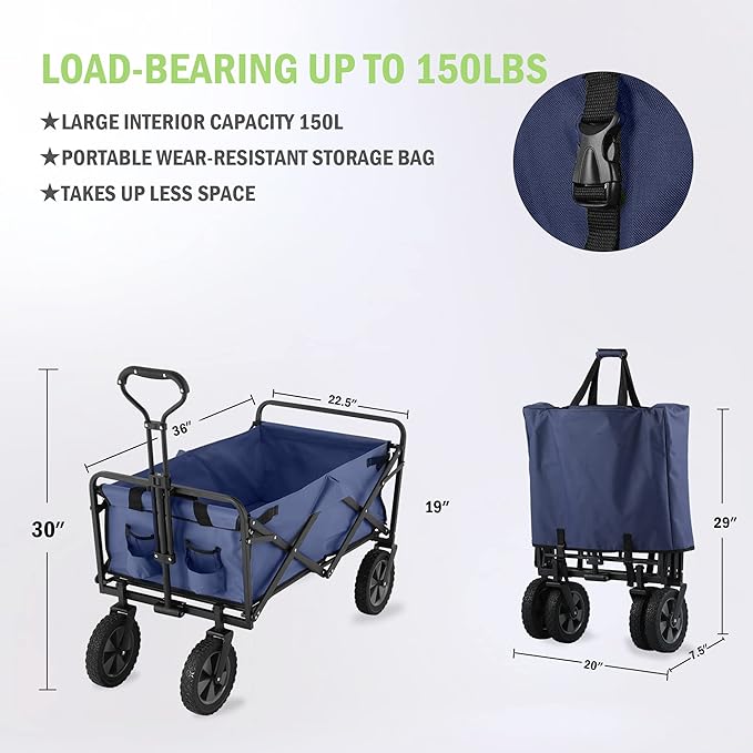 220 lbs Capaticy Folding Wagon, Utility Garden Cart Collapsible with Universal Wheels Adjustable Handle, Blue