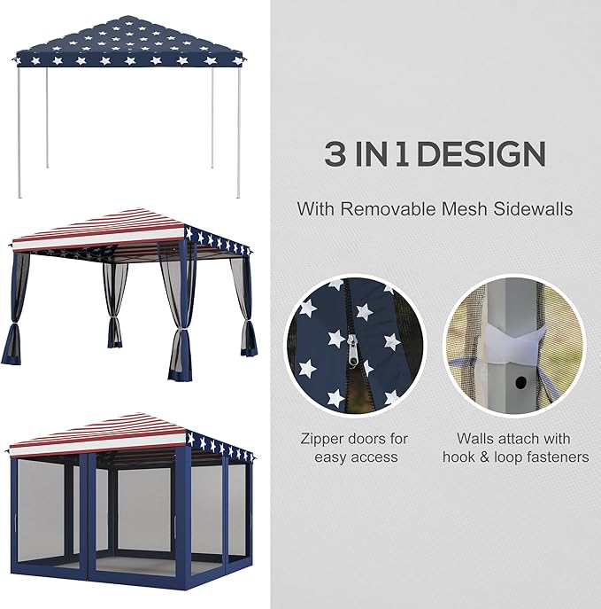 Outsunny 10' x 10' Pop Up Canopy Tent with Netting, Instant Gazebo, Screen House Room with Carry Bag, Height Adjustable, for Outdoor, Garden, Patio, Camping, Blue and Red