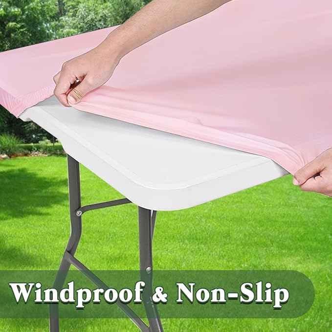 6 Pack Picnic Table Cover Fitted Elastic Tablecloth for 8 Foot Rectangle Tables Waterproof Stretch Washable Folding Indoor Outdoor Spandex Table Cloth for Parties Banquet Camping (Pink,30" x 96")
