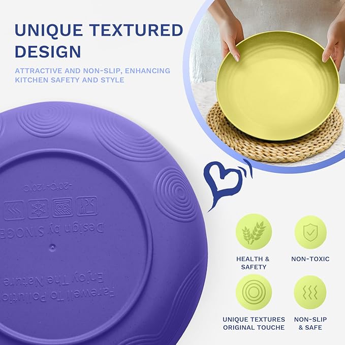 Homienly Wheat Straw Plate Set Reusable Dinner Plates 10 Inch Alternative to Plastic Plates Microwave & Dishwasher Safe Plates for Kitchen, Outdoor, Camping 4 PCS - Mondrian Colors