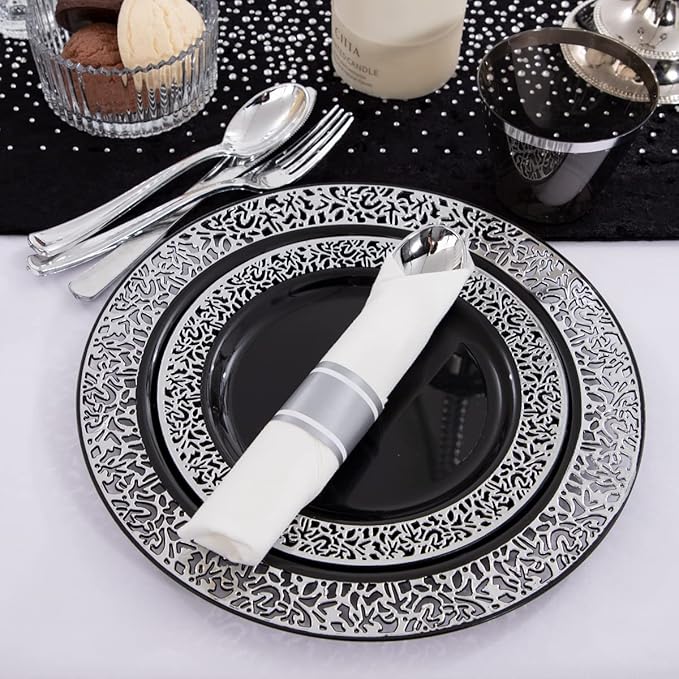 NOCCUR 210PCS Black and Silver Dinnerware Set for 30 Guests - Black Plastic Plates with Silver Rim Include 30 Dinner / 30 Dessert Plates, 30 Prewrapped Silverware, 30 Cups Ideal for Party, Halloween