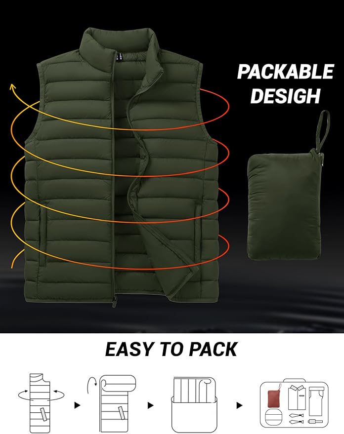 Cotrasen Men's Puffer Lightweight Vest Packable Outerwear Vest Warm Winter Outdoor Sleeveless Jacket for Travel Running