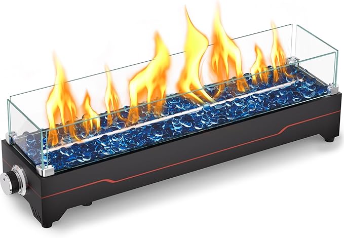 GRISUN Tabletop Fire Pit,28 Inch Propane Fire Pit Table,45000 BTU Table Top Firepit with Glass Wind Guard,Stainless Steel Burner,Fire Glass,Portable Propane fire Pit for Patio, Camping, Backyard & RV