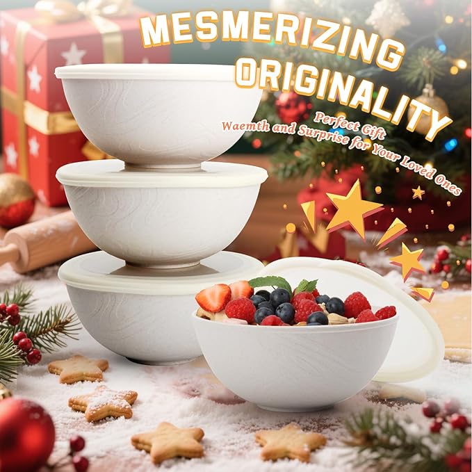 Homienly Wheat Straw Cereal Bowls with Lids, Unbreakable Plastic Bowls Set of 4, Microwave and Dishwasher Safe Food Storage Container for Lunch, Soup, Ramen, 40 OZ Bowls with Curved Texture, White