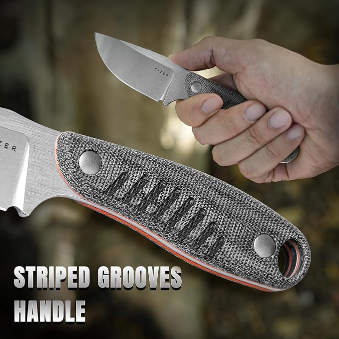 Kizer Hare Fixed Blade Knife with Sheath, 3.14" Nitro V Blade EDC Hunting Knife with Black Micarta and Orange G10 Handle, Small Bushcraft Neck Knives, Camping Knives for Men Women, 1077A2