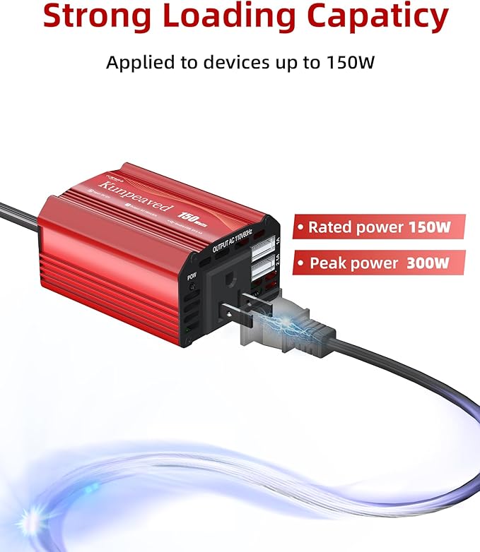 150W Power Inverter DC 12V to 110V Car Charger Converter with Dual USB Ports and AC Outlets for Air Compressor Laptops, Road Trip Accessories (Red)