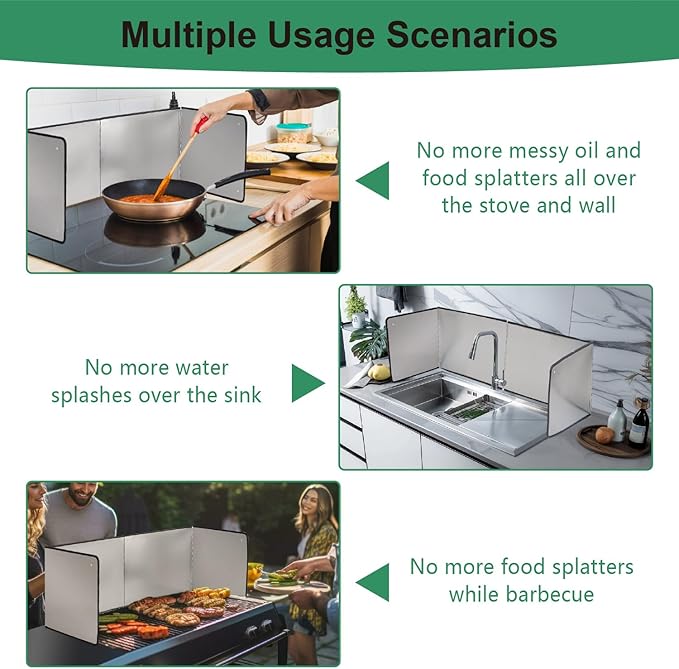 Silver Stainless Steel Large 4 Sided Splatter Guard for Frying Stove Top,Oil Splash Guard Cooking for Stove,Non Stick Foldable Splatter Screen for Stove Top
