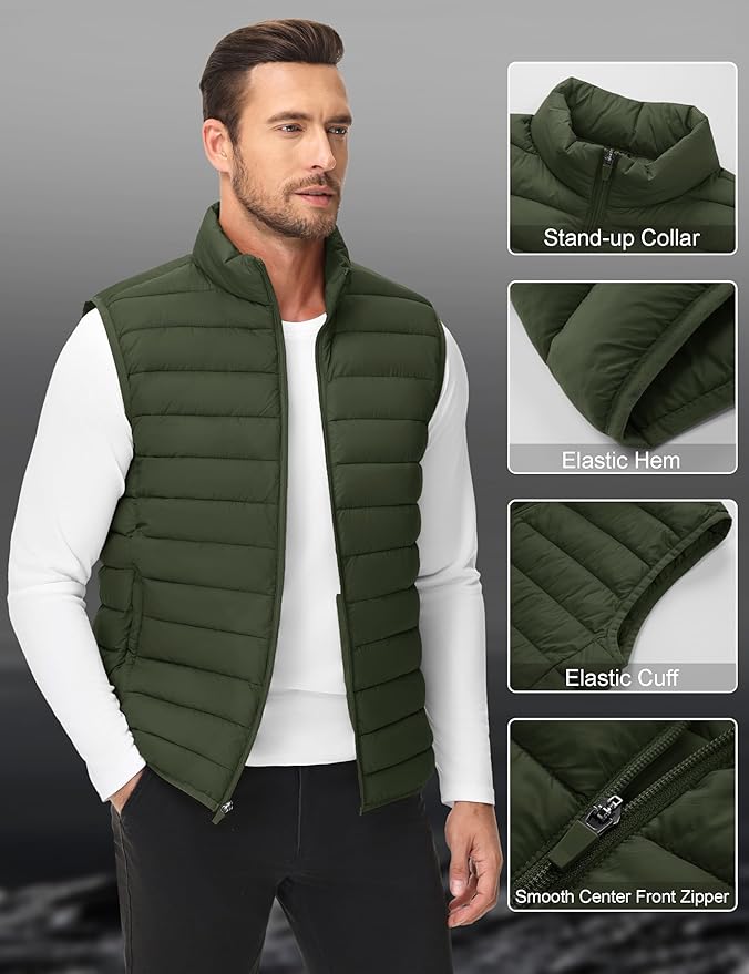 Cotrasen Men's Puffer Lightweight Vest Packable Outerwear Vest Warm Winter Outdoor Sleeveless Jacket for Travel Running