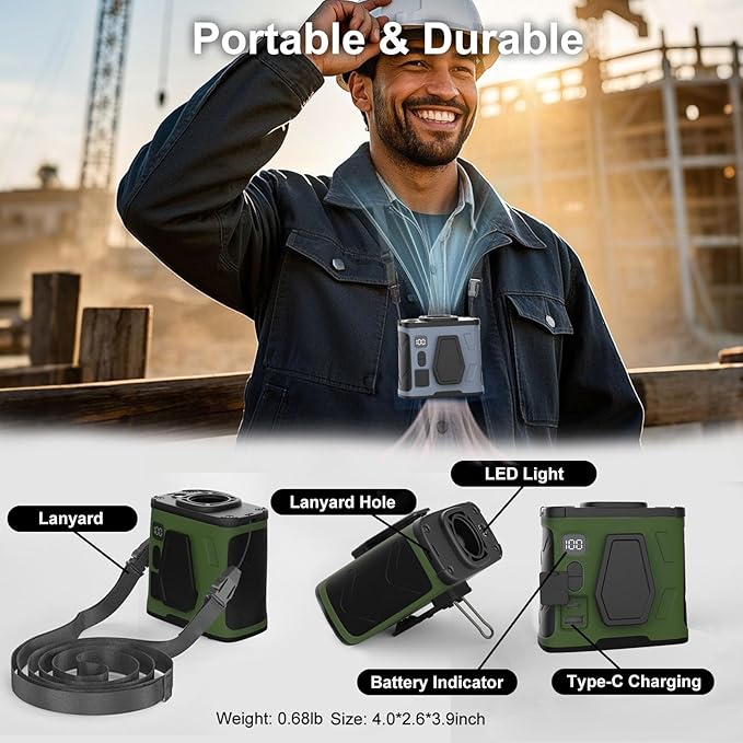 Portable Waist Fan,10000mAh Waist Fan Clip On with 100 Levels Speeds,16000RPM Strong Airflow, LED Display, Neck Hands-Free 40H Cooling For Outdoor Camping Travel (Green)