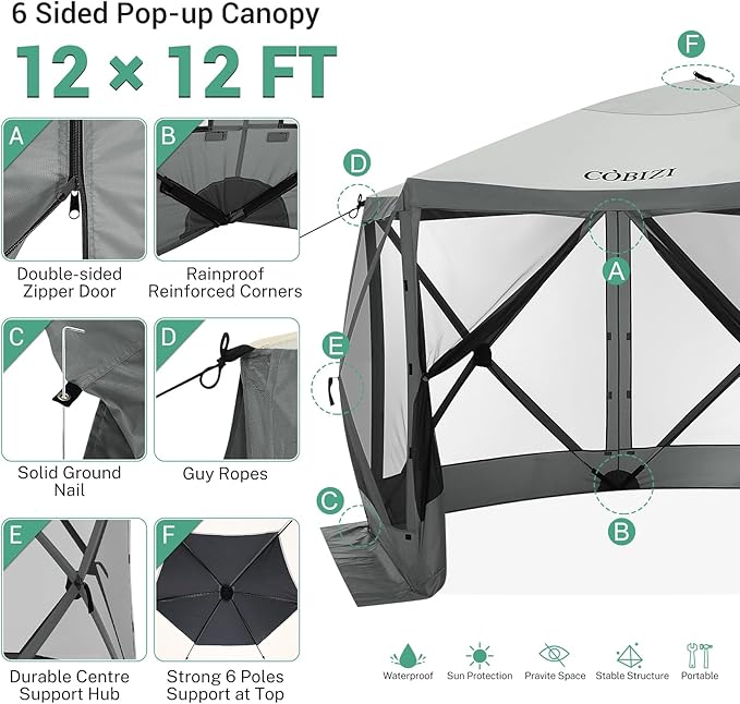 COBIZI 12x12ft Pop up Gazebo Screen Tent Screen House for Camping, Camping Outdoor Screened Gazebo with Mosquito Netting, Portable Hub Tent with Carrying Bag and Ground Stakes, Grey(Upgraded 2.0)
