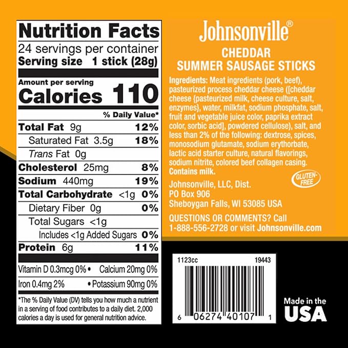 Johnsonville Summer Sausage Snack Sticks - Gluten Free Protein Snacks, Jerky Snack Packs - Cheddar, 1 oz., 24-Pack