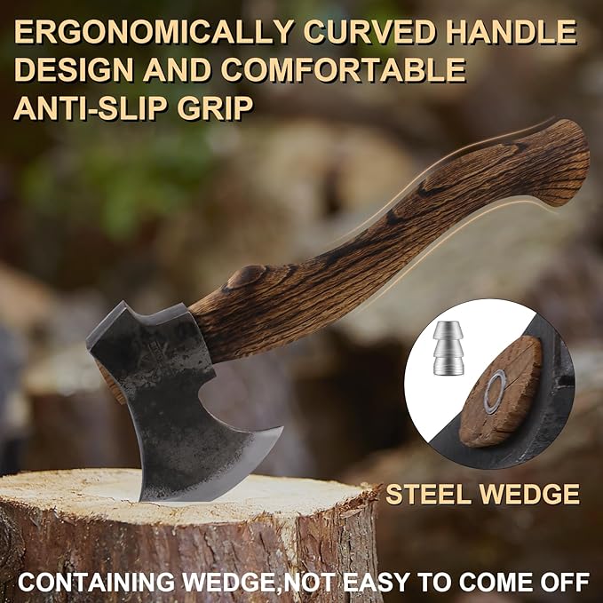 15.1" Hatchet, Camping Axe with 1065 Carbon Steel and Beech Handle, Hand Forged Bushcraft Axe with Leather Sheath for Camping and Survival