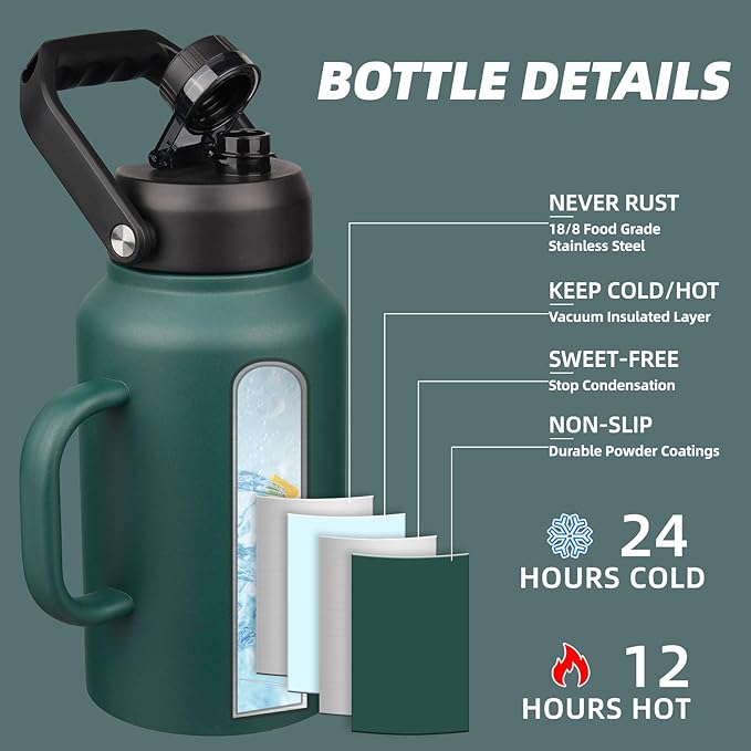 BJPKPK 87oz Insulated Water Bottle with Handle, Large Dishwasher Safe 2/3 Gallon Water Bottle, BPA Free Water Jug, Wide Mouth Metal Water Bottle with Anti-slip Bottom, Keep Cold & Hot,Army Green