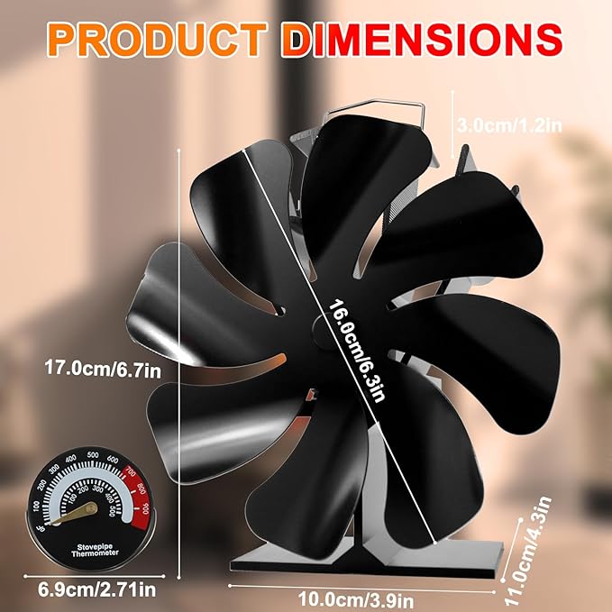 VODA Wood Stove Fan Heat Powered Fireplace Fans Non Electric, 8 Blades Heat Activated Thermal Fan for Wood Burning Stove/Pallet/Log Burner, w/Stove Accessories Thermometer