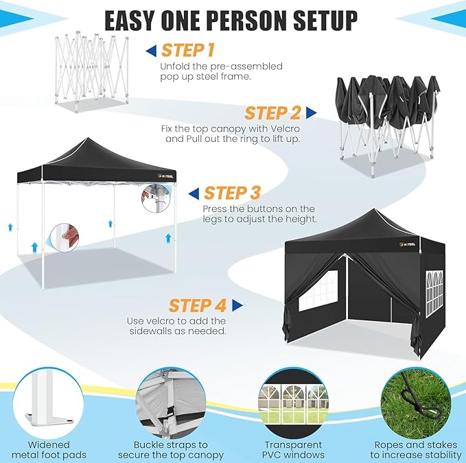 HOTEEL Canopy Tent 10x10 Heavy Duty Pop Up Canopy with Sidewalls, Commercial Instant Waterproof Tent for Vender Patio, UV 50+ with Silver Coated, Upgraded Thickened Hexagonal Legs, Black