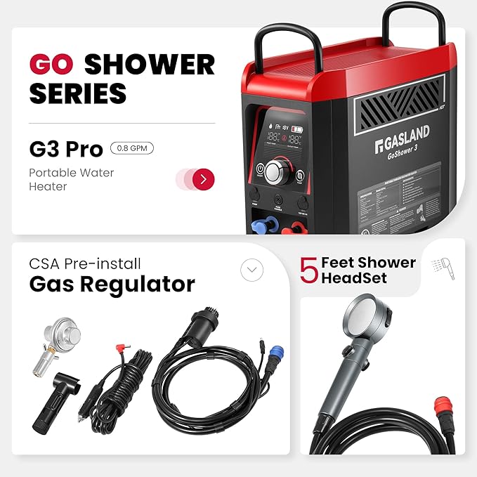 GASLAND Goshower G3 Pro 1lb Propane Portbale Water Heater with Pump | 4000mAh Rechargeable Battery | MAX 100mins Shower Time | Outdoor Propane Camping Shower Heater | Overheating Protection
