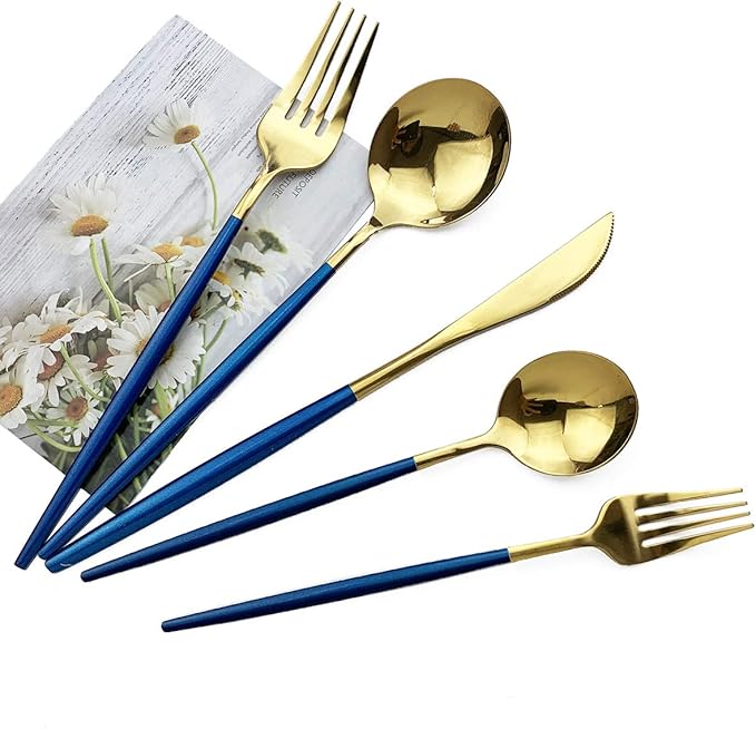 Blue Gold Silverware Set, JASHII 30-Piece Stainless Steel Satin Finish Flatware Set, Kitchen Utensil Set, Mirror Polished Tableware Cutlery Set for Home and Restaurant, Dishwasher Safe