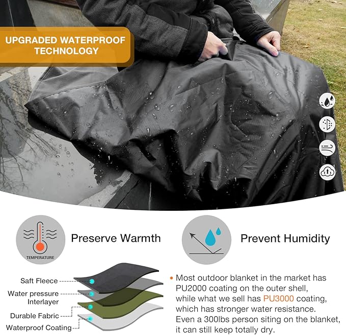 DUKUSEEK Hooded Stadium Blanket, Waterproof Windproof Outdoor Fleece Blanket - Large (79x56), Portable, Wearable, Warm for Outdoor Camping, Picnic, Stadium, Sports, Beach, Concerts, Car, Dogsβ¦