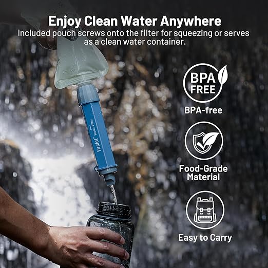Squeeze Water Filtration System with Four 34-Oz Squeezable Pouches and 0.1 Micron Filter Straw, Portable Water Purifier Survival for Backpacking, Camping, Hiking and Emergency Preparedness