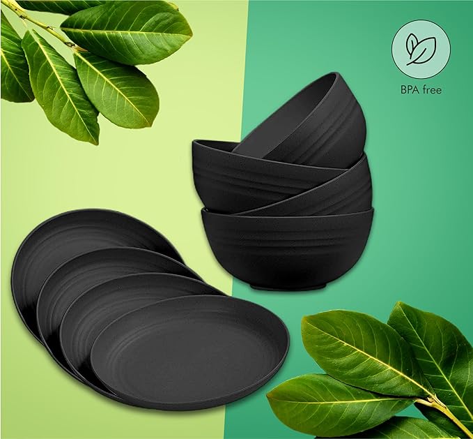 KFT 16-Piece Wheat Straw Dinnerware Set for 4, Onyx Black - Unbreakable Plates and Bowls Set, Eco-Friendly BPA-Free Kitchen Dishes for Camping, RV, Dorm & Everyday Use - Microwave Safe for Reheating