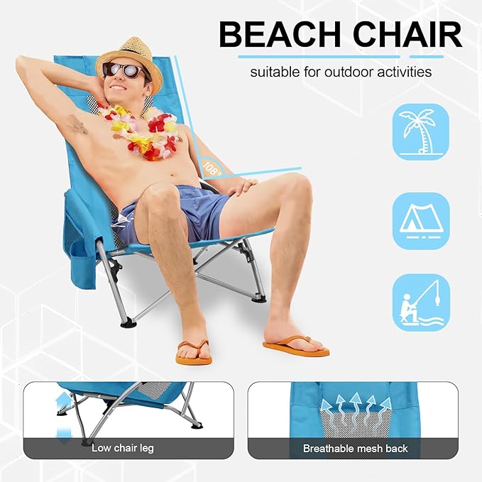 BESTHLS Low Beach Chairs for Adults 2 Pack, High Back Folding Sand Chairs for Beach, with Cup Holder & Carry Bag Lightweight and Portable for Outdoor, Camping, Lawn, Music Festival