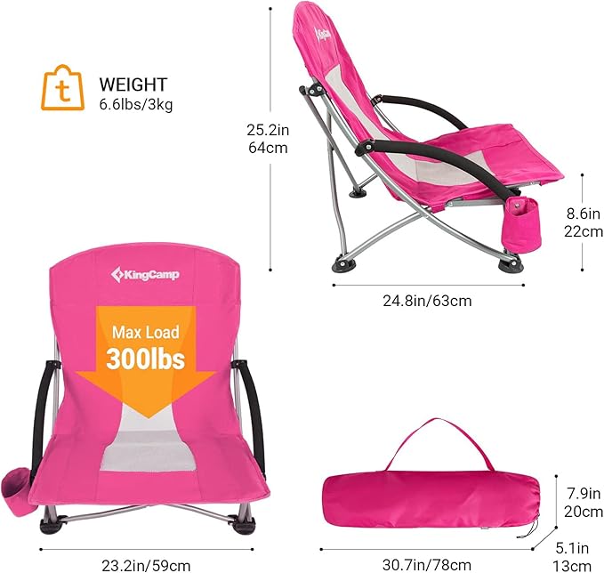 KingCamp Low Beach Chairs, Portable Folding Chair for Adults Extra Wide Ergonomic High Back Seat 300lbs Heavy Duty Lightweight Oversized Gear with Carry Bag for Outdoor Lawn Camping Picnic