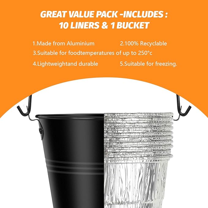 Drip Grease Bucket & 10 Pack Bucket Liners Set Compatible for Pit Boss Traeger Oklahoma Joe's Camp Chef Z Grill and More Pellet Grills Replacement Parts